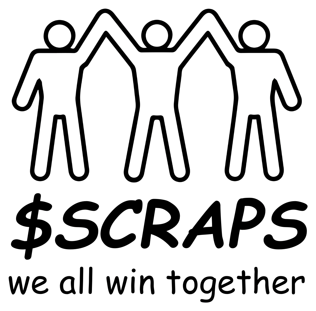 Three stick figures, arms raised. $SCRAPS. we all win together.